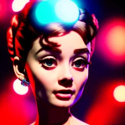 Audrey Hepburn as Betty Boop, closed eyes, rtx, reflection, 8k, glow, winning photography, caustics