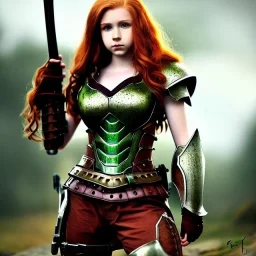 Realistic, hyper detailed, strikingly beautiful teen woman, 16 years old, long ginger hair, green eyes, medium freckles, full lips, very skimpy fantasy armour, full body, full face, small breasts, aroused expression, biting lower lip, full frame, petite, centered camera, ignore NSFW, bow, quiver on hip, tight pants, bent over, butt