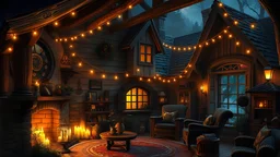 cute witch cottage living room, night, 8k, high quality, trending art, trending on artstation, sharp focus, studio photo, intricate details, highly detailed, by greg rutkowski