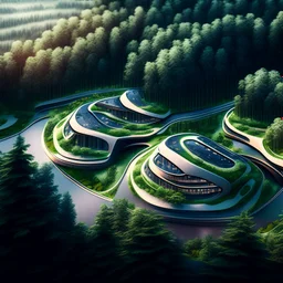 Cabin complex, Zaha Hadid style, aerial view, ultra quality, hyper-detailed, digital art, 8k 3D, trees, parking lots