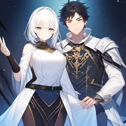 Girl with white hair wearing white robes. Boy with messy black hair wearing leather armor