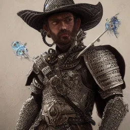 Insanely detailed photograph of an “portrait of an D&D Echo Knight ” with intricate chain mail chest armor, intricate embroidered cowboy hat, stern clear face and hyperdetailed painting by Ismail Inceoglu Huang Guangjian and Dan Witz CGSociety ZBrush Central fantasy art album cover art,8K, hdr, epic, mysterious, ominous, hands focused on a D20, jewelry, motivated