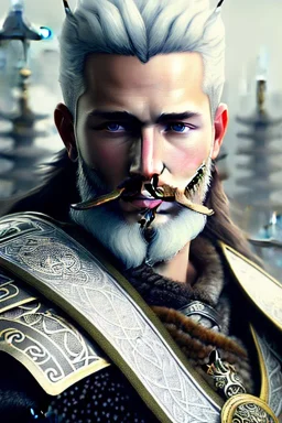 Detailed young viking king, white hair, black leather armor, intricate details, full body portrait, keep head in frame, black Japanese motif, concept art, highly detailed, digital painting, concept art, sharp focus, illustration, art by Yoji Shinkawa, WLOP and greg rutkowski and alphonse mucha and artgerm and yanjun Chen and Junji ito and Makoto Shinkai, HDR, octane render