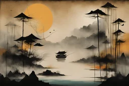 Japanese misty fishing junk, multi-tiered landscape on a sliding multi-panel bamboo canvas, abstract surrealism, by Graham Sutherland and Colin McCahon and Gabriel Pacheco, silkscreened mind-bending illustration; asymmetric, warm colors, dark side, by andy Kehoe, color splash