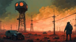 Strange surreal world, techno gothic, post apocalyptic art, neo cyberpunk renaissance, Science fiction painting, Denis Sarazhin Simon Stålenhag, Nicolas Bruno, sinister vibes, harsh survivalism, Peter Sallesen, Hamish Frater, ominous sky