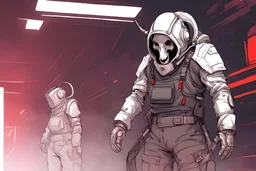 Rough Color Sketch, Goat Iron Skull Helmet, Beard, Silver Ram Horns, Iron Black, Hoodie Jacket, Cyberpunk, Astronaut Silver Suit, Hooded, long shot, Side Profile Angle, Heavyweight, Glowing Eyes, character concept art, red Backgroung