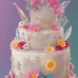 torta di compleanno brillante e luminosa, trasparente bellissima, cristallina, con diamanti, fiori, farfalle glitter, cristalli swarosky, fiori, colori delicati e luminosi 4K, 8K