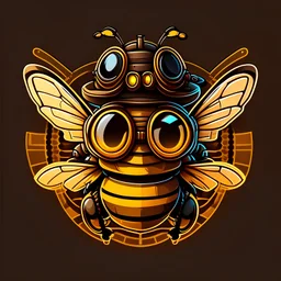 logo of a bee wearing steampunk hat and googles, flat cartoon style & dark background