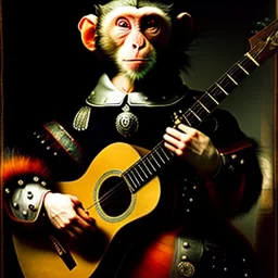 rembrandt painting of a monkey playing a guitar, 6 strings, fingers