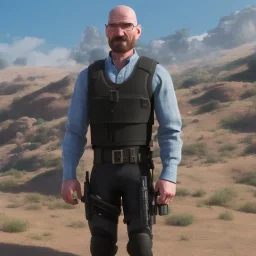 Walter White cyborg, 8k, tactical vest, helmet, gun.