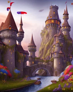 medieval fantasy castle town with flowers rpg art