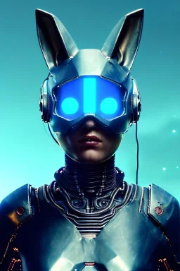 Medium Close Up Portrait, Front image. cyberpunk, rabbit mask, teenager, blonde woman, cyber helmet head. Titanium dress. White, blue, color. Steampunk style. renaissance ornaments, Color background, photo studio. Front image, highly detailed, concept art, smooth, unreal engine 5, ray tracing, RTX, lumen lighting, ultra detail, volumetric lighting, 3d, finely drawn, high definition, high resolution.