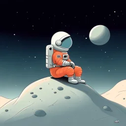 A whimsical digital illustration of a cartoonish astronaut, delicately rendered in soft pastel hues, sitting on a tiny, cratered moon, lost in thought as they stare out into the vast, starry expanse of empty space, their bright orange spacesuit a pop of color against the muted, celestial backdrop, with subtle texture and gentle shading adding depth to the minimalist composition, evoking a sense of wonder and contemplation, as if pondering the mysteries of the cosmos, amidst the eerie silence of