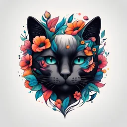 modern abstract tattoo ideas, simple minimalistic illustration on a pure white background < "The head of a tattooed black cat. around it are various colorful flowers and leaves in a dynamic image">