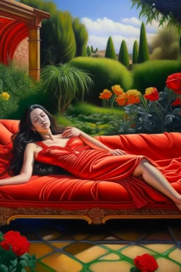 Oil painting Princess lying in the middle of a garden On a sofa and a red cover that covers her body from below only Photorealistic