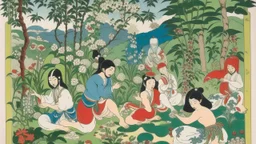 A contemporary serigraphy by Kuniyoshi and Manet with people drawn by Picasso practicing yoga surrounded by blooming flowers and lush vegetation.