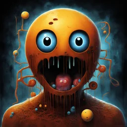 sinister surreal horror Pac-man avatar with eyes clamped open like in Clockwork Orange forcing it to watch scary videos of pac-man ghosts while being pumped full of nausea-inducing chemicals, horrible frowny expression, color ink illustration, horror, surreal, gritty by Chris Friel and Zdzislaw Beksinski