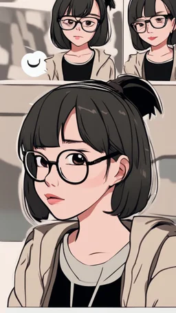 a close up of a person wearing glasses, kpop amino, flat icon, girl wearing round glasses, short black hair with bangs, dora the explorer as real girl, style of hajime isayama, profile picture 1024px, small round face, short bob hair, twitter pfp, photo of the girl, !!wearing modern glasses!!, || very anime