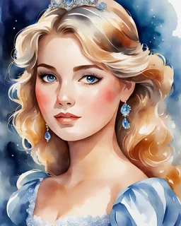 Watercolor painting of Cinderella, pretty face, front view, lovely glowing eyes, watercolor painting style, watercolor painting, watercolor paper, beautiful painting, masterpiece, detailed watercolor painting, best quality, high detailed, high quality, 8k.