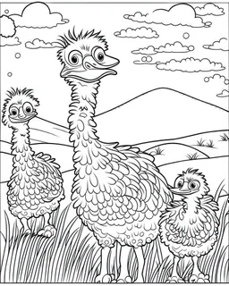 create a 2d black outline, "safari smiling cartoon Ostriches coloring book for toddlers", coloring page, low details design, black contour, coloring page design, simple background, colorful , card style, coloring page for kids, white background, sketch style, safari landscape, cartoon style