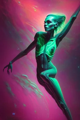 A cosmic cannibal of neon-noir tones, the creature's skin is a mesmerizing blend of deep shadows and eerie glows. In an oil painting, the subject appears to be consuming stars, their elongated limbs reaching out into the void. The image is rich in detail, with swirling galaxies reflected in the creature's glossy eyes and sleek, oily skin. Each brushstroke is expertly executed, capturing the otherworldly essence of this chilling scene in vivid, lifelike detail.