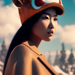 mdjrny-v4 style, cute asain girl wearing a fox hat by greg rutkowski and Guwiez, depth of field, cinematic lighting, 8k uhd, redshift render