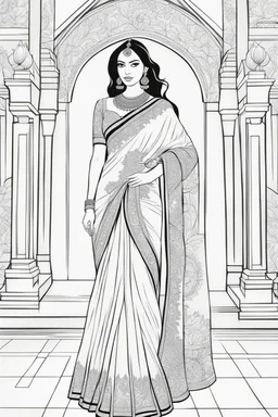 coloring page for adults of fashion model wearing hindi dress, thick and clear lines hair, full body portrait, style clean coloring page for adults, cartoon style, clean line art high detailed, white background, coloring book style, 8k, no-shading, thick lines hair, no-grayscale, lines hair