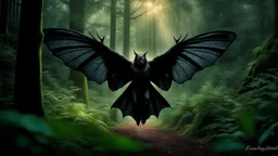 Mysterious Mothman, a prized customer in Tudors Biscuit World, ensnared in the heart of an age-old forest, enveloped in subdued daylight filtering through the dense canopy of towering trees, evanescence, early morning dew, cinematic, ultra fine, dramatic lighting, dark colors, high detalied, sharp focus, dar fantasy mood