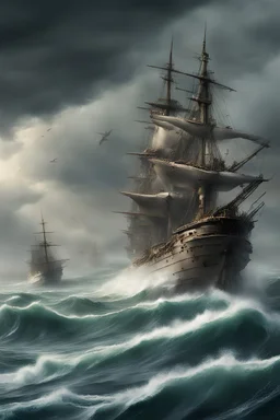 A view of the high seas. harsh weather. forces of destruction. with multiple ships of cutthroats