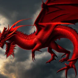 red and black dragon flying over a castle, detailed scales, dramatic, dramatic lighting, volumetric lighting, hyperrealism, 8k, high quality, photorealistic, lot of details