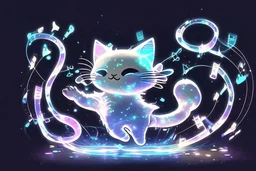 cute chibi dynamically dancing cat, holographic, bioluminescent, an image visualizing musical notes in an abstract and dynamic composition. Let the musical notes dance in the air, forming a symphony of shapes and symbols that convey the essence of sound. Show the notes floating and intertwining in air, creating a visually harmonious composition