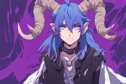 anime man with two ram horns, fangs, messy purple hair and blue eyes