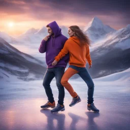 Hyper Realistic Romantic Couple (Handsome Muscular Man Wearing Purple Hoodie And Black Jeans With Woman Wearing Orange Hoodie And Navy-Blue Jeans And Both Wearing Skating Shoes Dancing On A Frozen Floor With Cold Breeze And Snowy Mountains At Cloudy Sunset Showing Dramatic & Cinematic Ambiance.