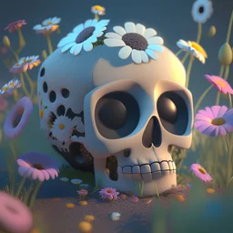 Kawaii 3d pixar rendering of cute skull with flowers, latest Unreal Engine technology, featuring depth-of-field, super-resolution, and megapixel visuals. The cinematic lighting is absolutely breathtaking, with anti-aliasing, FKAA, TXAA, and RTX graphics technology employed for stunning detail.