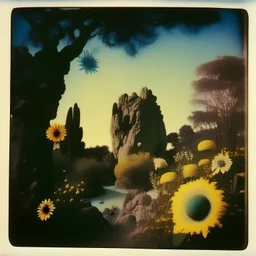 Polaroid photo of a peaceful marvelous landscape, trees, flowers, giant sun, bas-relief, decal, very spooky figure, intricate, rock formations, atmosphere of a Max Ernst painting, Henri Rousseau, thoughtful, interesting, a bit appalling, smooth