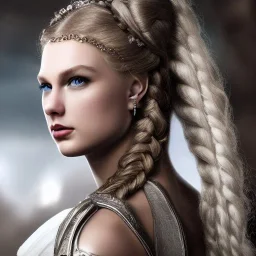 beautiful young queen with white armor, delicate white braided hair with ponytail, glass eyes, highly detailed, 8k, ambient light, taylor swift, face in full view