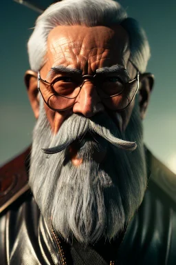 Old man Cyborg anime warrior, grey hair, trimmed grey beard,brown eyes, waist up portrait, 4k resolution, intricate details, ornate details, soft lighting, vibrant colors, retroanime, futuristic cityscape background