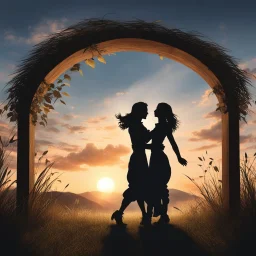 Hyper Realistic shadow-silhouette of a romantic couple-dancing behind a romantic sunset & with a wooden-arch with cloudy sky on mountain-top with leaves-whirling-&-breeze-blowing-tall-grass showing dramatic-romantic-&-cinematic-ambiance