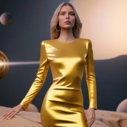 beautiful cosmic golden male, long hair, nice smiling, delicate colors, beautiful glamour galactic golden dress, ultra sharp focus, 8k, unreal engine 5, extremely sharp detail, light effect, soft light atmosphere of a spaceship, smooth, full of details, face in front, complete vision of face and body