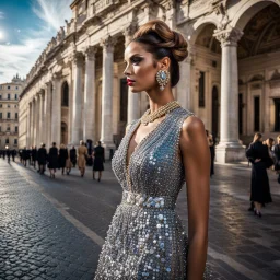 Beautiful model female fashion vogue style, portraits with dresses Gucci, Balenciaga, Chanel, background Rome via Nazionale, via Condotti, Piazza di Spagna, Dramatic ambience, wearing shining Diamond Jewelry, in sharp focus, post – processing, perfect composition, global illumination, Canon EF 16 – 35mm f/ 2. 8L III USM Lens on a Canon EOS 5D Mark IV camera, Cinematic lighting, Dramatic lighting, sharp focus, photorealistic, Ultimate Luxury, romantic mood, expressions, 4k, 8k, 16k, full ultra hd