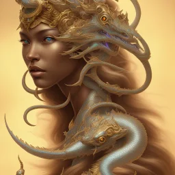 sango fantasy, fantasy magic, intricate, sharp focus, illustration, highly detailed, digital painting, concept art, matte, artgerm and paul lewin and kehinde wiley, masterpiece silver dragon head golden African nice breast Afo woman turquoise waves