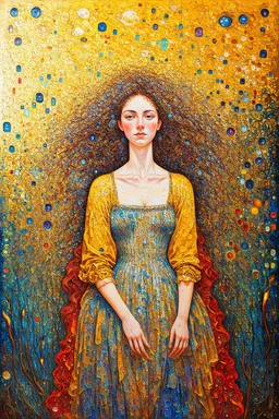 Waking up from matter; Surrealistic painting inspired by Klimt and Hundertwasser; Golden Hour; Exquisitely Detailed