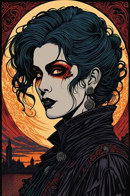 museum quality color woodcut of a dystopian goth punk female vagabond vampire with highly detailed hair and facial features , in the style of Gustave Baumann, with a fine art aesthetic, highly detailed, finely cut ,8k render,