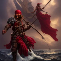 a pirate warrior in dark red armor, on his ship, a highly detailed illustration, background of giant crashing ocean waves, realistic render, 8 k, micro detail, intricate, elegant, centered, digital painting, Artstation, smooth, sharp focus, illustration, artgerm, tomasz alen kopera, peter mohrbacher, donato giancola, joseph christian leyendecker, wlop, boris vallejo