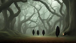 black robed and hooded monks walk through the forest