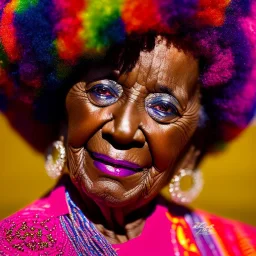 masterpiece, best quality, old woman, dark skinned, sparkling eyes, fluorescent skin, colorful makeup, afro, head shot, highly detailed body, sun light, 4K, RAW, depth of field, high contrast, realistic details, 24mm