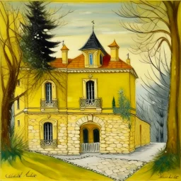A yellow castle with diamonds painted by Maurice Utrillo