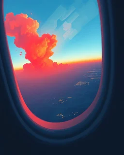 Painterly. Abstract. An airplane with bright skyline in a clearing. long view, window lights,night view.Anomalous red cloud issuing forth from the heart. Simple yet majestic