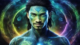 beautiful gorgeous young man na'vi with long hair, Avatar, blue skin, two small ears, green eyes, black hair, in cosmic suit, galactic ambiance, medium pointy goatee , smiling, nebulas and sacred geometry light figures on the backgroud,