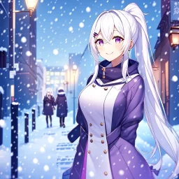 girl, masterpiece, best quality, volumetric lighting, detailed outfit, perfect eyes, long hair, white hair, purple eyes, snowing, winter clothes, smiling, street, ponytail, hairclip, earring, hair between eyes,